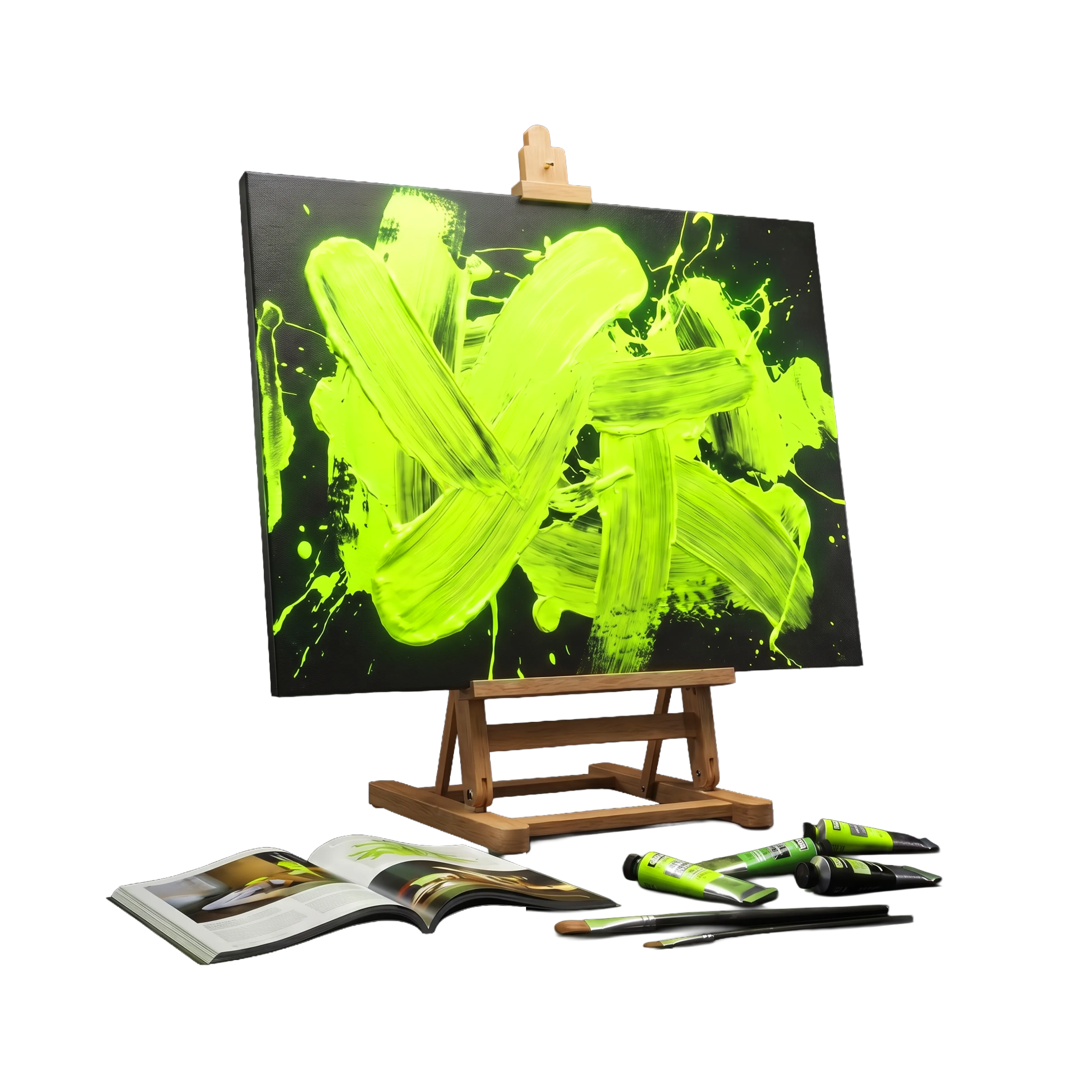 Creative studio canvas with neon green paint strokes